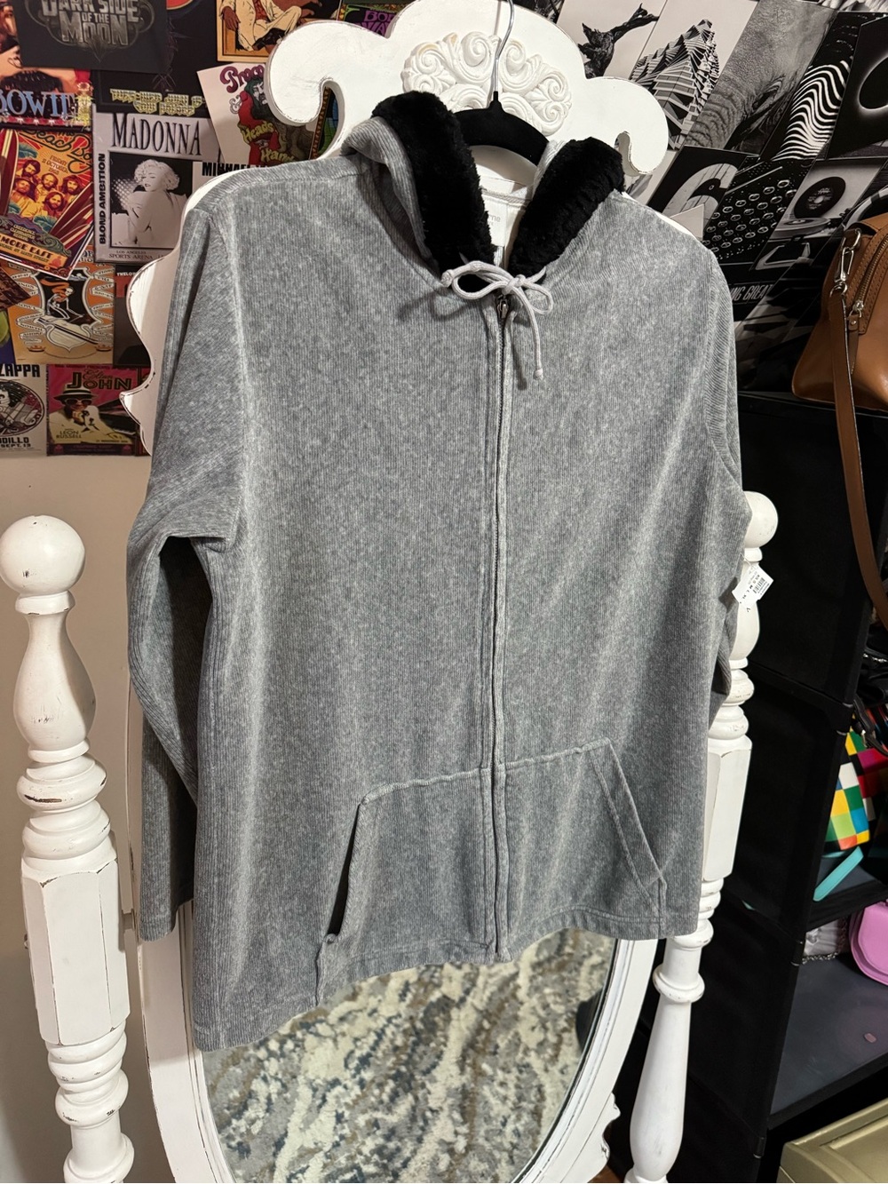 Liz Claiborne Gray Hoodie with Black Faux Fur Trim